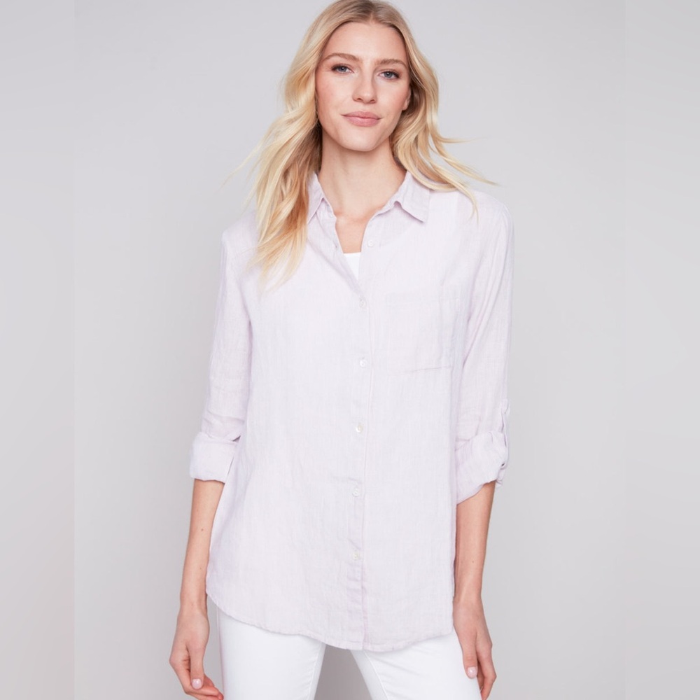 New Charlie B long linen lavender shirt Sz Small